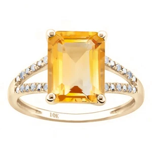 10k Oro Amarillo Estilo Vintage Corte Esmeralda Citrino y Diamante Anillo - Imagen 1 de 4