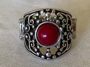 Red Lucite Accented Silver Tone Ring - Adjustable up from Size 7 NWOT - Picture 1 of 6