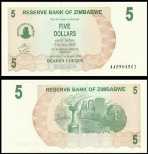 Banknote - 2006 Zimbabwe, 5 Dollars, P38 UNC, Torch in city park (R) - Picture 1 of 1