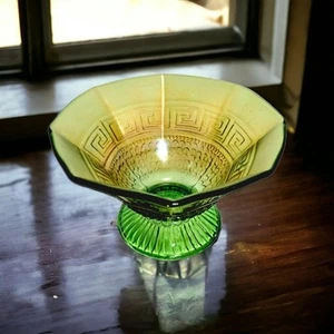 Vintage Northwood EAPG Greek Key Scales Green Carnival Glass Footed Bowl READ - Picture 1 of 13