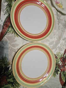 2 Dansk handbemalte Zitronenschale 9" Salat Mittagessen Teller - gelb koralle grüne Bänder - Bild 1 von 6