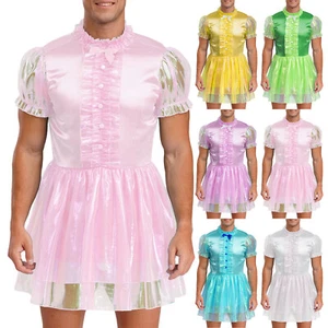 Men Sissy Maid Ruffled Dress with Puff Sleeve Sparkly Chemise Sleepwear Night - Picture 1 of 87