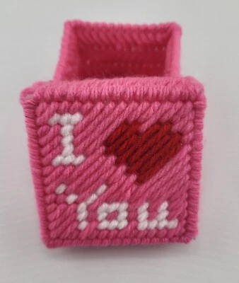 Handmade Plastic Canvas I Love You Trinket Box Pink and Red 2x2x 1.5 inches - Image 1 of 4
