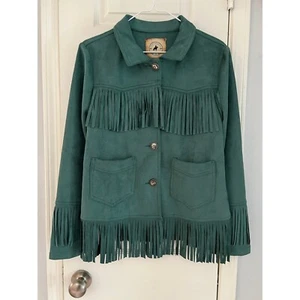 Fashion Express Western Jacket Womens Large Faux Suede Fringe Forest Green NWT - Picture 1 of 18