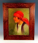 Oil on Board Painting of a Girl with Red Scarf & Earring signed Tiger Oak Frame