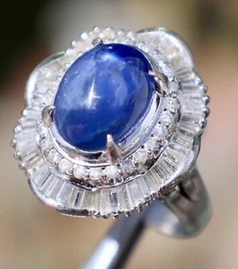 PLATINUM Pt900 7.51CTS STAR SAPPHIR 1.32CTTW DIAMOND 16GRAMS BALLERINA HALO RING - Picture 1 of 4