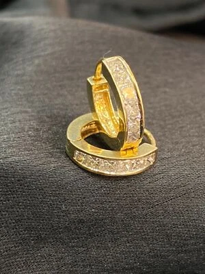 Pave 0.96 Cts Princess Diamonds Channel Setting Hoop Earrings In 14K Gold - Image 1 of 4