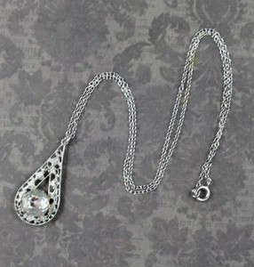 Vintage Silver Tone Filigree Rhinestone Pendant Necklace - Picture 1 of 5