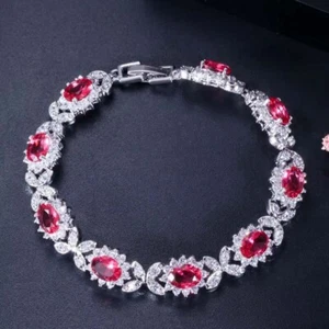 Lab Created Ruby & Diamond 14K White Gold Plated Crystal Bangle Bracelets - Picture 1 of 4
