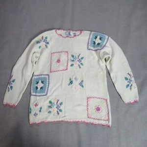 Vtg Maggie Lawrence Sweater Womens M White Pink Crochet Cottagecore Granny Chic - Picture 1 of 9