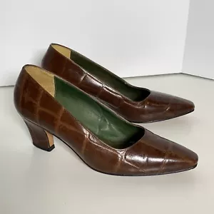 Vintage 1980s Perry Ellis Portfolio Brown Leather Crocodile Pumps Heels SZ 6.5B - Picture 1 of 10