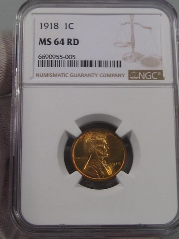 Gorgeous BU RED 1918 Lincoln Wheat Penny Cent NGC MS64 RD.  #9 Cover