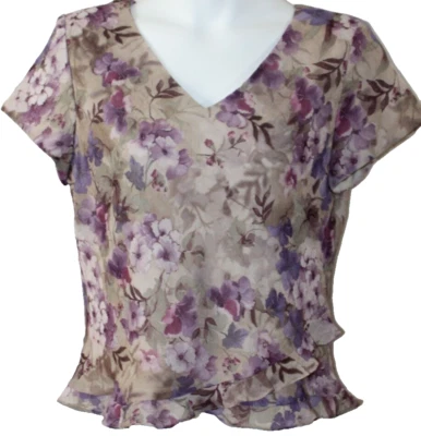 Blusa Miss Dorby Beige Púrpura Floral Cuello en V Mangas Cortas Forrada Volantes 16P Nueva con Etiquetas Foto 1 de 4