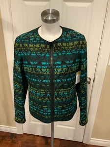 Akris Punto Green & Blue Geometric Embroidered Zip Jacket, Size 10 (US), 42 (FR) - Picture 1 of 8