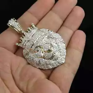 2.00Ct Round Cut Real Moissanite Lion Face Pendant 14K Yellow Gold Plated - Picture 1 of 4