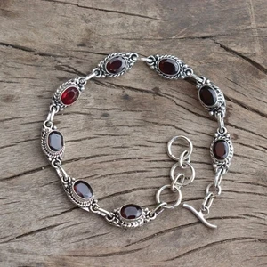 Pulsera granate rojo plata de ley 925 hecha a mano joyería vintage para mujer M668 - Imagen 1 de 4