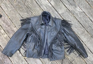 VTG UNIK Black Leather Jacket Womens L Liner motorcycle Tassels Fringe Cowgirl - Picture 1 of 10