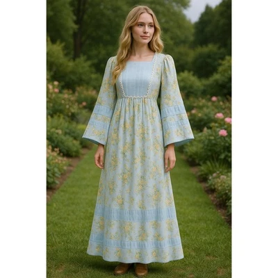 Винтажный 70-х прерии макси платье богемное цветочный отделки Cottagecore романтический сад синий - Изображение 1 из 4