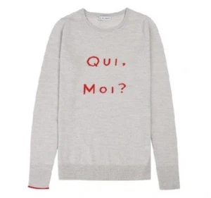 ILLE DE COCOS XS UK6-8 Grau "Qui Moi?" Intarsien 100% Merinowolle Pullover - Bild 1 von 6