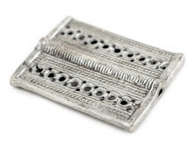 Silver Lattice Rectangular Baule Pendant Bead 45x36mm Ivory Coast African Flat - Image 1 of 4
