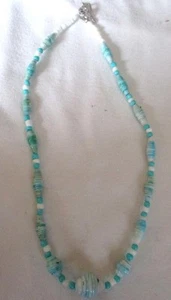 Recycled Paper Bead Single Strand 18"" Necklace Aqua White Mix - Picture 1 of 3