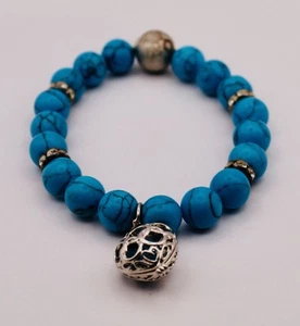 Genuine Turquoise Beaded Charm Bracelet In Silver - Stretchy - Picture 1 of 7