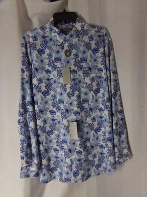 DANIEL CREM[EUX Shirt size Large blue Tropical flowers stretch Linen NWT - Image 1 of 3