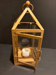 Small Decorative Gold Metal Lantern 9” w/ Battery Operated Candle - Picture 1 of 5