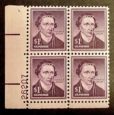 Plate Block of 4 stamps - Scott 1052 - $1.00 - Patrick Henry - 1955 - MNH - Image 1 of 2
