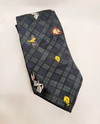 Vintage Looney Tunes Neck Tie Made In USA Plaid Green Blue Black - Image 1 of 3
