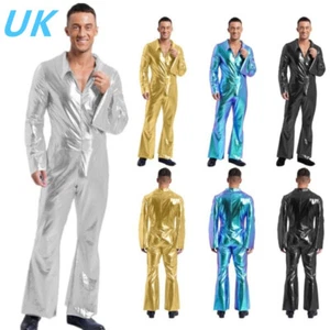 UK Men's 70s 80s Disco Dance Costume Shiny Flare Sleeve Jumpsuit Rompers Party - Picture 1 of 50
