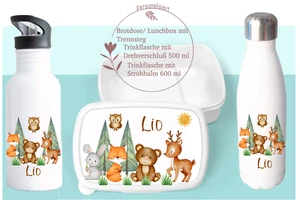 Brotdose/Trinkflasche mit und ohne Strohhalm , Waldtiere, gerne Personalisiert - Bild 1 von 5