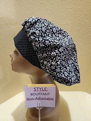 Hibiscus Flowers Black Women's Bouffant Surgical Scrub Hat/Cap Handmade - Image 1 of 4