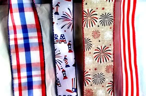 Patriotic Wired Ribbon Bundle 4 x 5 yds = 20 yards 2.5" & 1.5" Memorial Day July - Picture 1 of 3