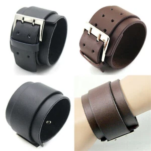 Men's Punk Wide Leather Belt Wristband Bangle Cuff Bracelet Adjustable - Picture 1 of 8