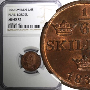 SWEDEN Carl XIV Johan 1832 1/6 Skilling  NGC MS65 RB TOP GRADED KM# 634 (004) - Picture 1 of 5