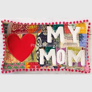 Love My MOM Soft 1 pc patchwork cushion cover Kantha Quilt Pillow cover - Picture 1 of 1