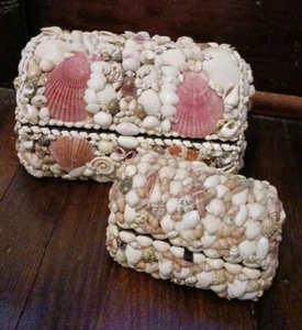 Vtg 2 Handmade Seashell Shell Art Jewelry Trinket Box Coastal Large 10" Diorama - Picture 1 of 16