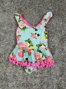 Betsey Johnson Swimsuit Girls 4 Blue Pink Floral Pom Pom Trim One Piece Bathing - Picture 1 of 7