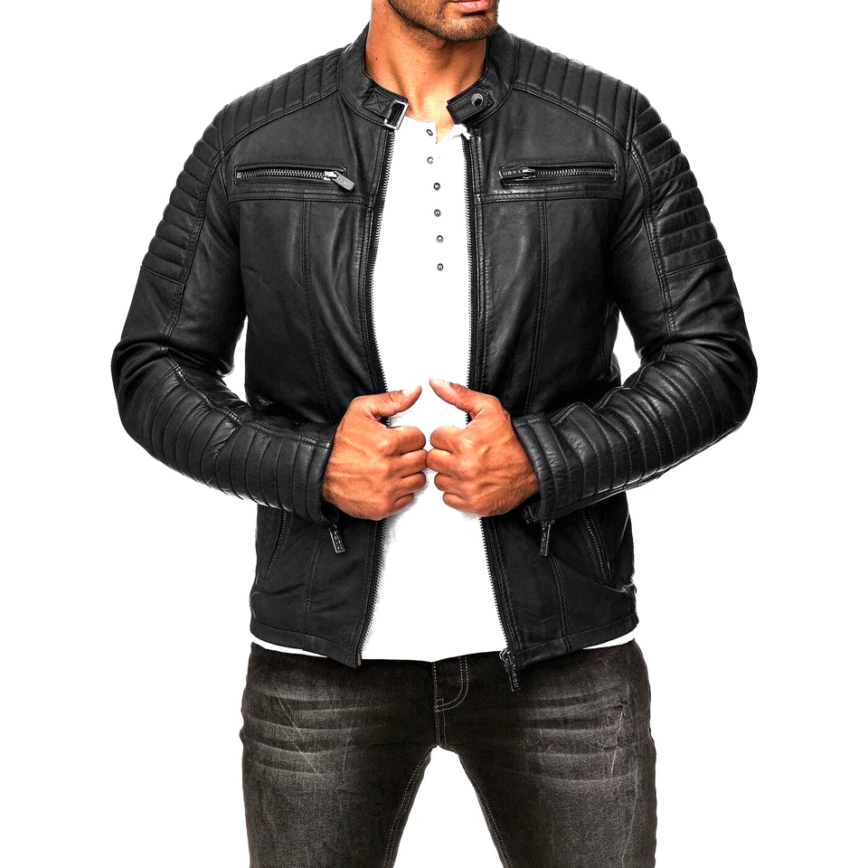 Cafe Racer Style Men's Leather Jacket Genuine Sheep Skin Motorcycle Biker Black - Image 1 of 4