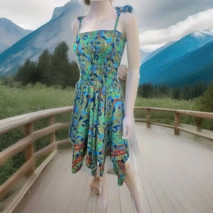 Vintage Recycled Saree Silk Pixie Hem Short Dress Size 6 To 14 Green and Blue - Picture 1 of 5
