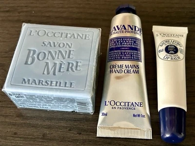 JUEGO DE VIAJE LOCCITANE 3 PIEZAS JABÓN CREMA DE MANOS BÁLSAMO LABIAL SIN USAR Foto 1 de 4