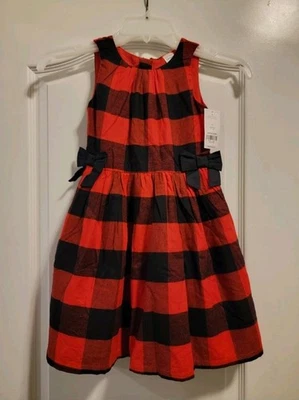 全新 Carter's Kids 女孩 水牛印花 假日连衣裙 尺寸 5 蝴蝶结 红色 黑色 有衬里  — 第 1/4 张图片