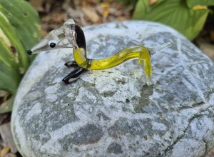 Vintage mundgeblasene gelbe, klare, schwarze Glas Dackel Hund Figur 3,25" - Bild 1 von 12