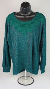 Maurices Women's Size L Sparkly Emerald Green Sweater with Embroidered Collar - Picture 1 of 12