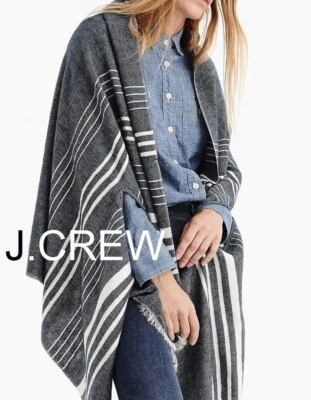 J.CREW cape scarf black ivory white cotton grey wrap striped fringe serape NWT - Image 1 of 4