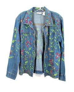 DRAPERS & DAMONS Denim Jacket Medium Petite Open Blazer Floral Embroidery Retro - Picture 1 of 18