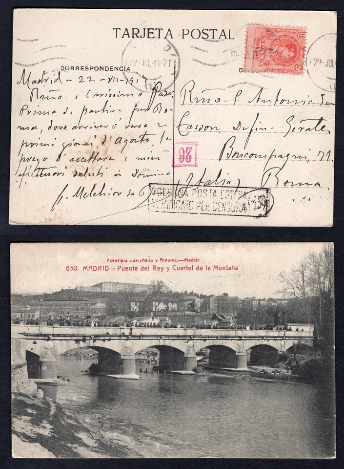 SPAIN 1917 Censored Picture Postcard to Italy. Madrid Bridge - Image 1 of 3