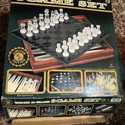 Cardinal Limited Edition Wood & Glass “3” Game Set Backgammon Checkers Chess NIB - Image 1 of 3