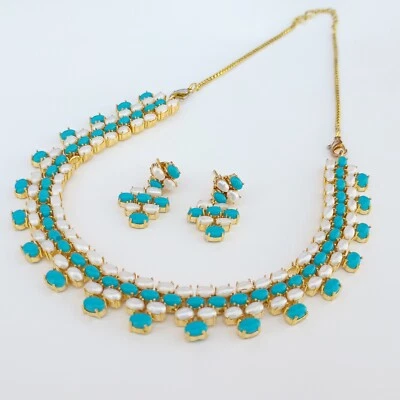 Collar de turquesa y perlas de joyería india, collar chapado en oro del sur de la India Foto 1 de 4